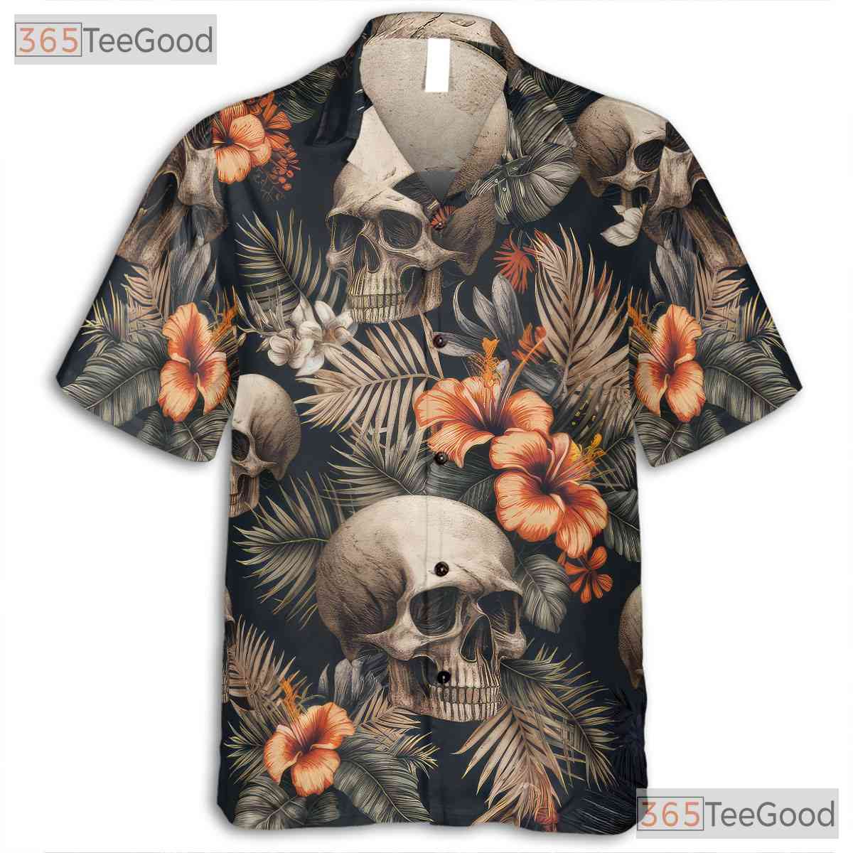 Adult Vintage Skull Floral Hawaiian Tee - Gothic Dark Summer Aloha Style