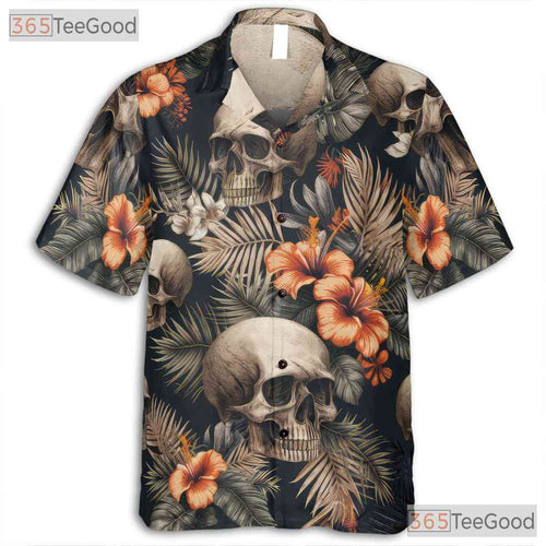 Adult Vintage Skull Floral Hawaiian Tee - Gothic Dark Summer Aloha Style