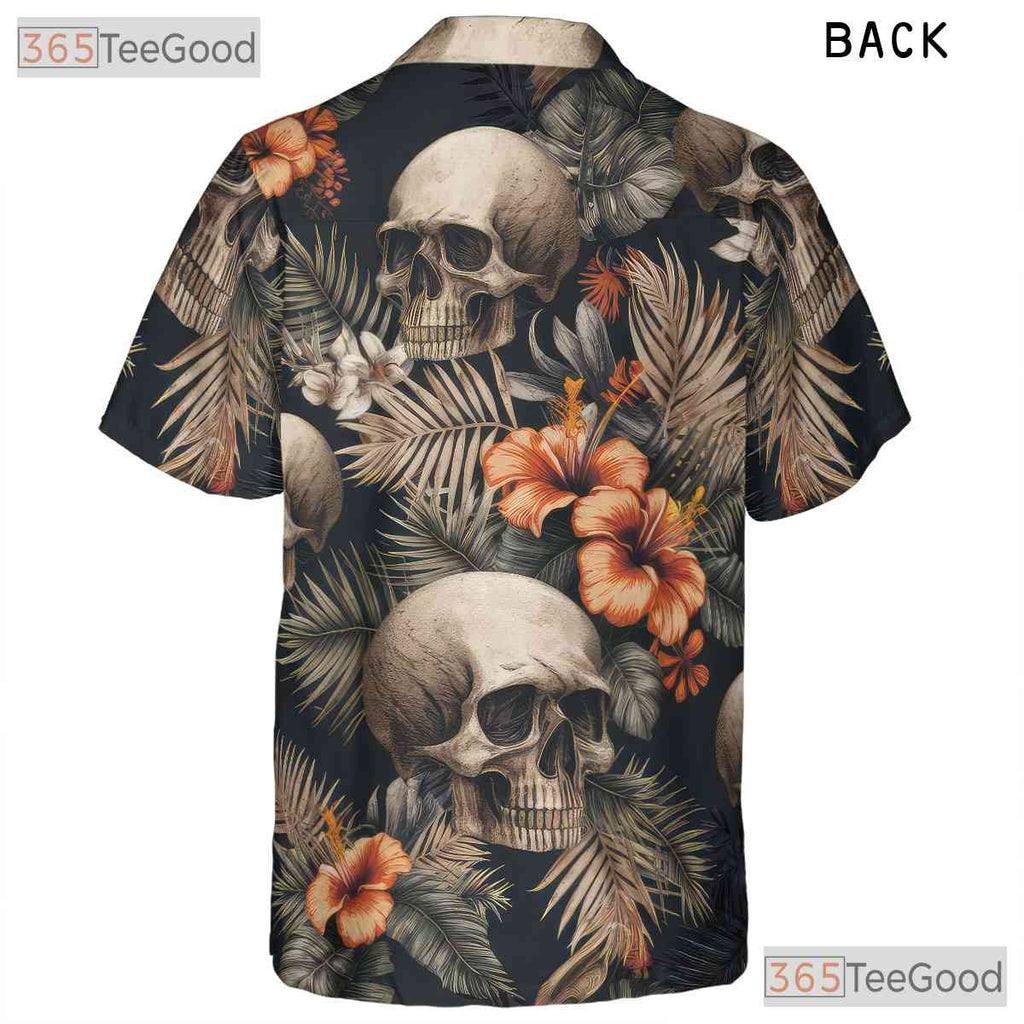 Adult Vintage Skull Floral Hawaiian Tee - Gothic Dark Summer Aloha Style