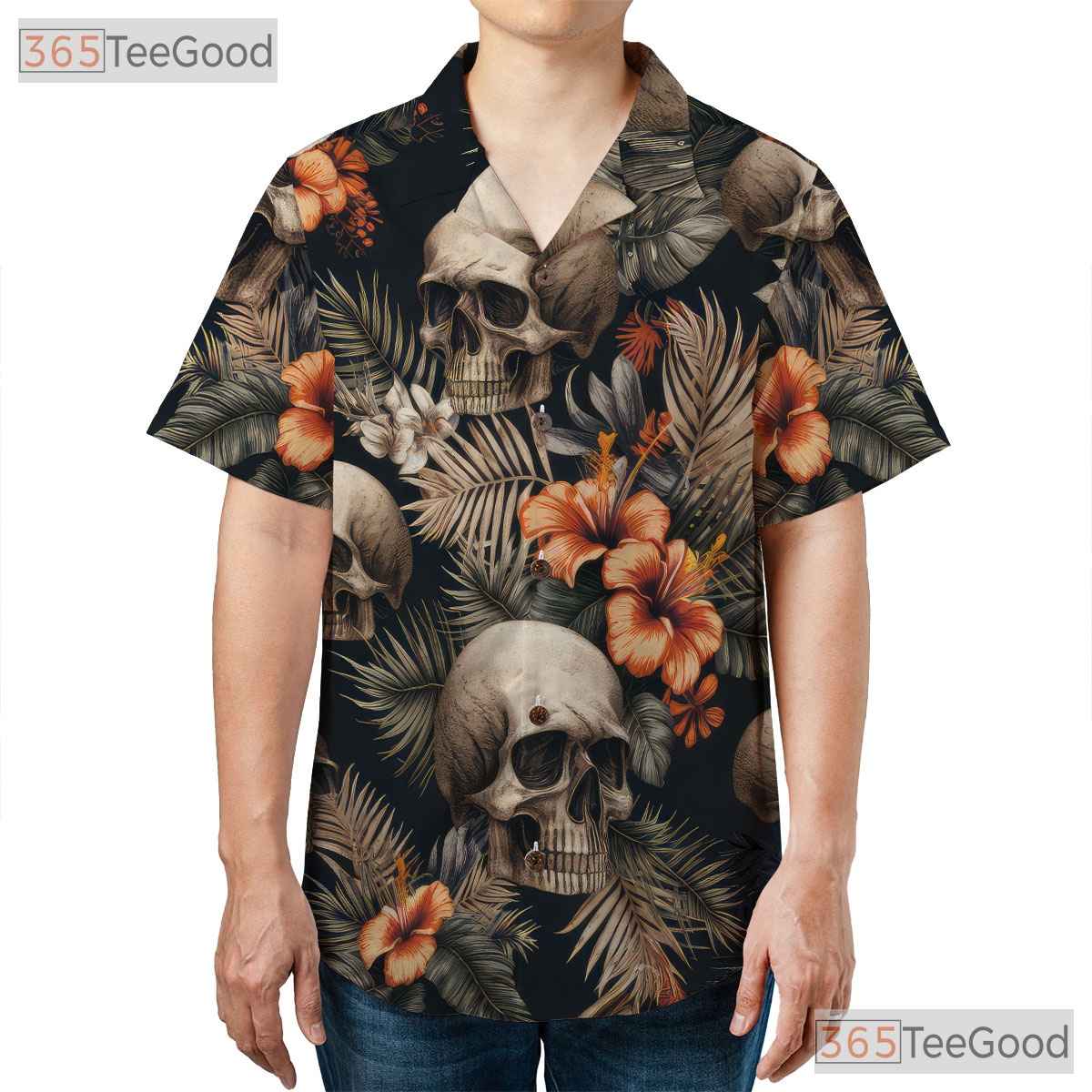 Adult Vintage Skull Floral Hawaiian Tee - Gothic Dark Summer Aloha Style