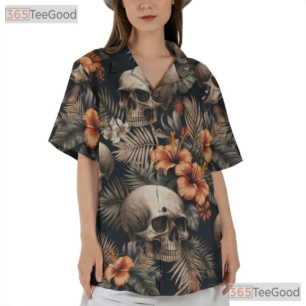 Adult Vintage Skull Floral Hawaiian Tee - Gothic Dark Summer Aloha Style
