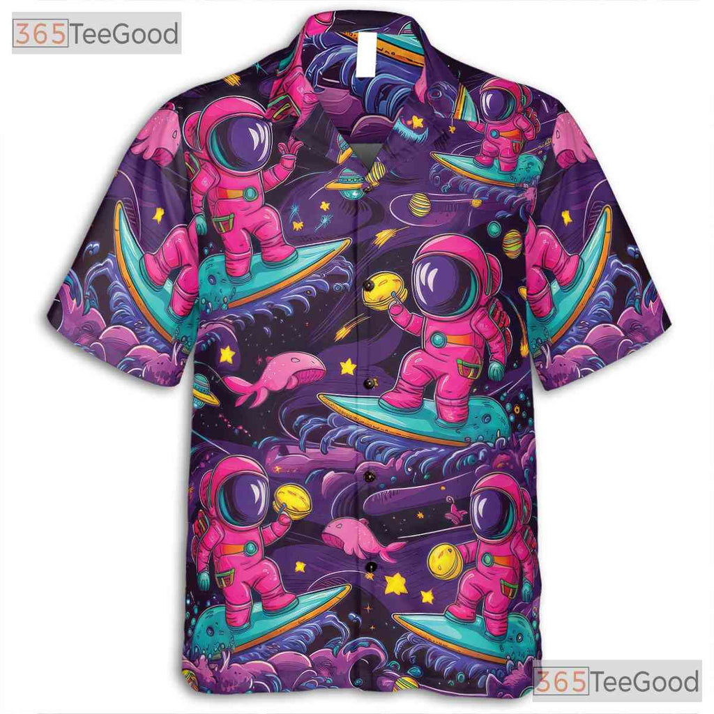 Adult Vintage Space Hawaiian Tee - Astronaut Surf Planets Sci-Fi Style Shirt