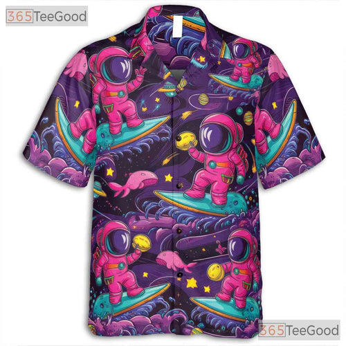Adult Vintage Space Hawaiian Tee - Astronaut Surf Planets Sci-Fi Style Shirt