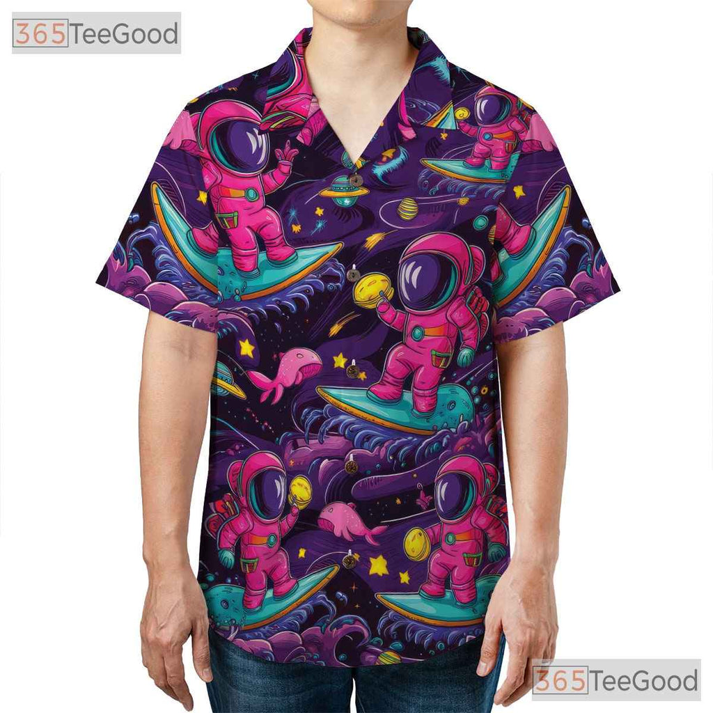 Adult Vintage Space Hawaiian Tee - Astronaut Surf Planets Sci-Fi Style Shirt