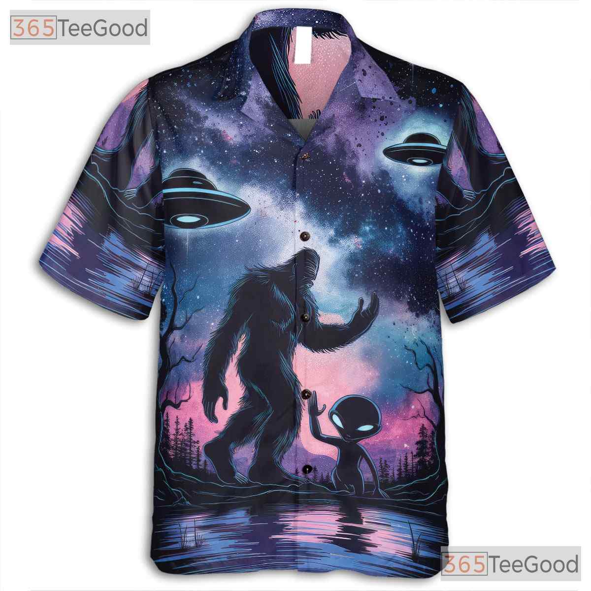 Alien Bigfoot UFO Hawaiian Shirt - Unisex Galaxy Sci-Fi Sasquatch Look