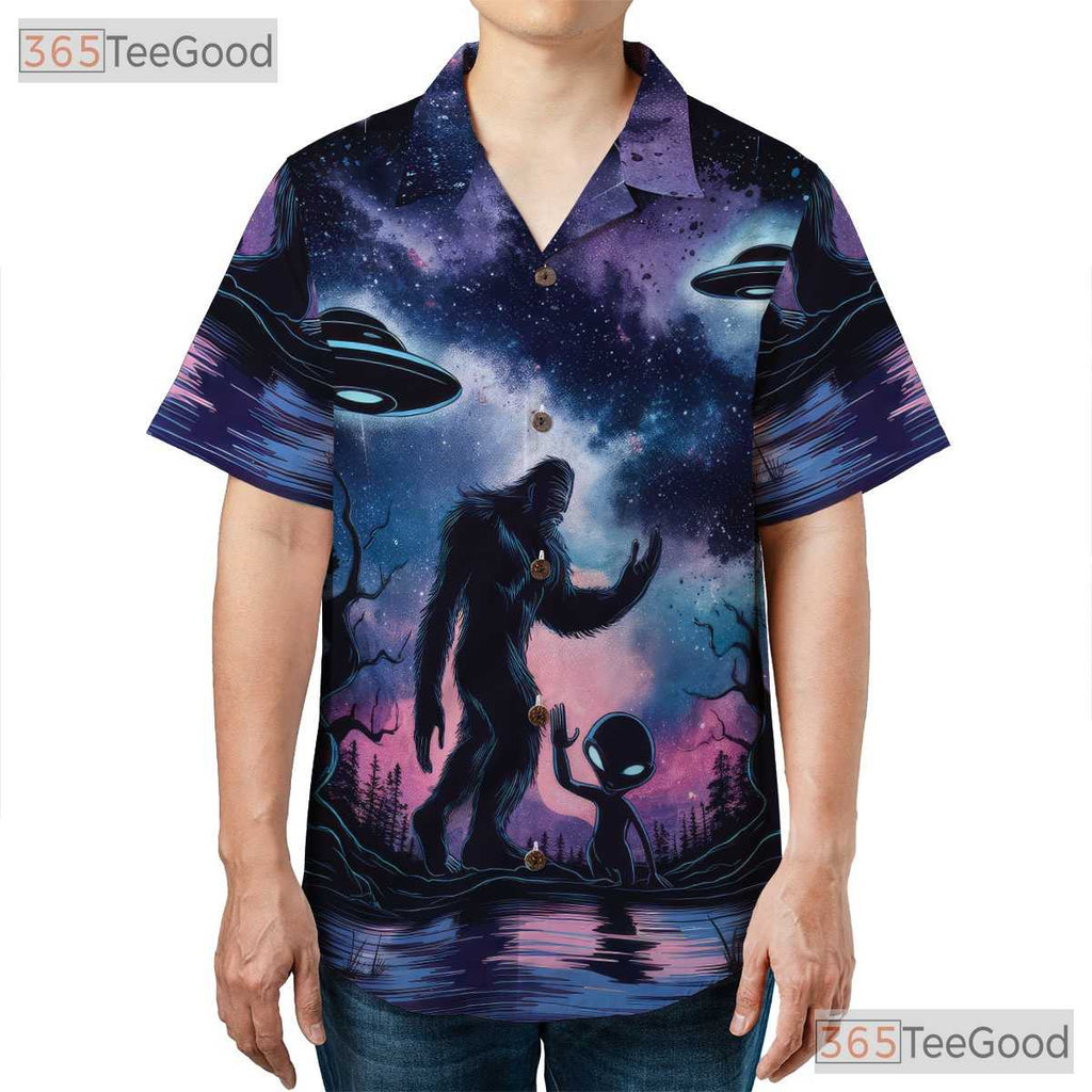 Alien Bigfoot UFO Hawaiian Shirt - Unisex Galaxy Sci-Fi Sasquatch Look