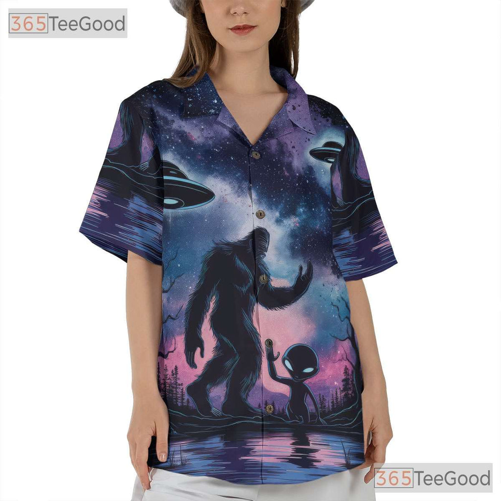 Alien Bigfoot UFO Hawaiian Shirt - Unisex Galaxy Sci-Fi Sasquatch Look