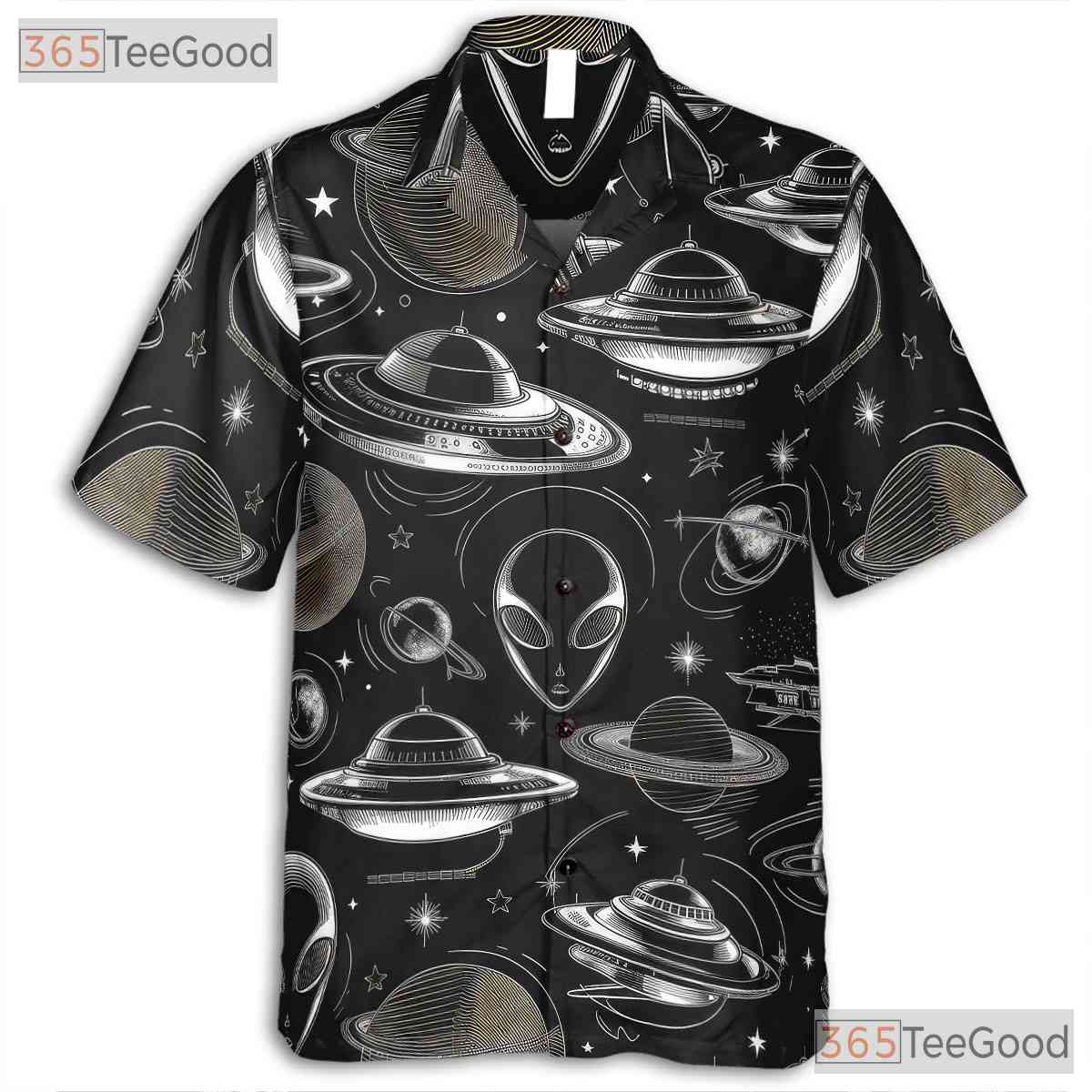 Alien UFO Retro Sci-Fi Spaceship Hawaiian Tee Unisex Men Women Beach Vacation