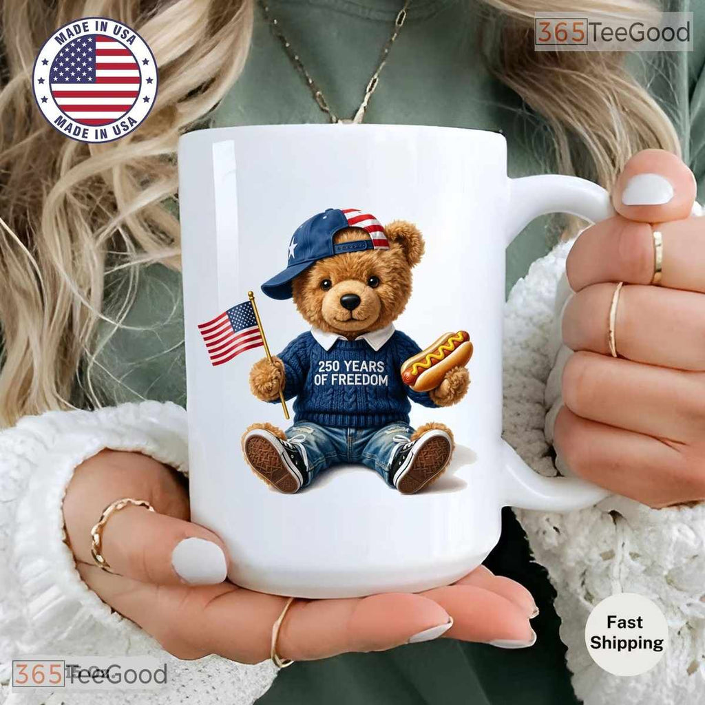 America 250th Anniversary Mug - Patriotic Teddy Bear 250 Years Freedom Ceramic Mug