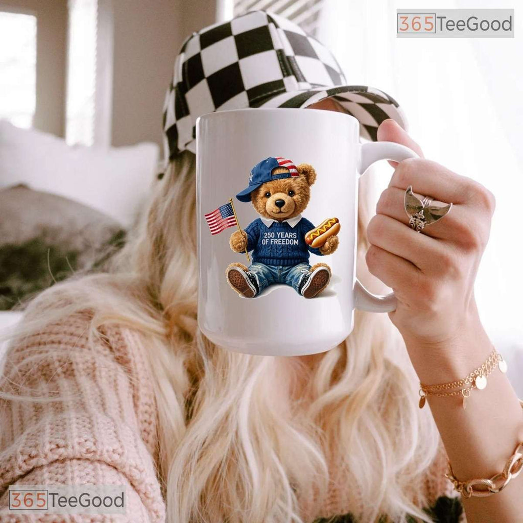 America 250th Anniversary Mug - Patriotic Teddy Bear 250 Years Freedom Ceramic Mug