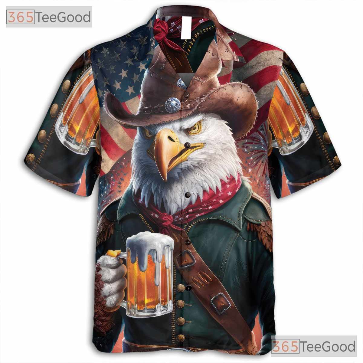 American Flag Cowboy Eagle Fireworks USA Hawaiian Tee Unisex Patriotic Top