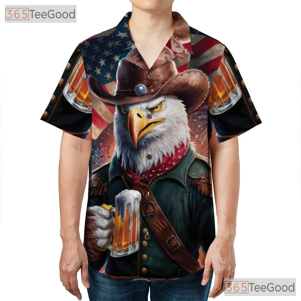 American Flag Cowboy Eagle Fireworks USA Hawaiian Tee Unisex Patriotic Top