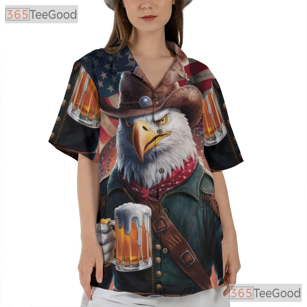 American Flag Cowboy Eagle Fireworks USA Hawaiian Tee Unisex Patriotic Top