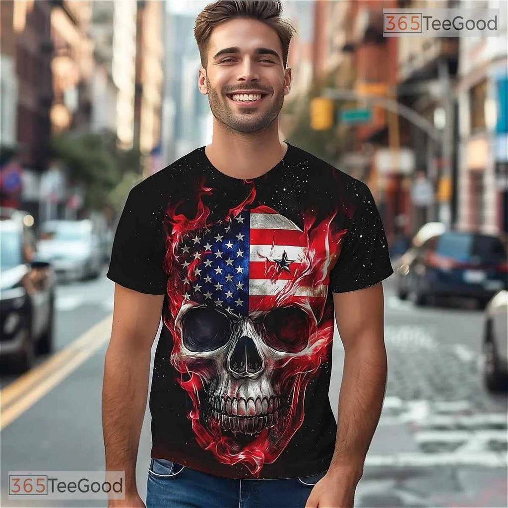 American Flag Skull Eagle 3D Graphic Printed Casual Short Sleeve Unisex T-Shirt Tops