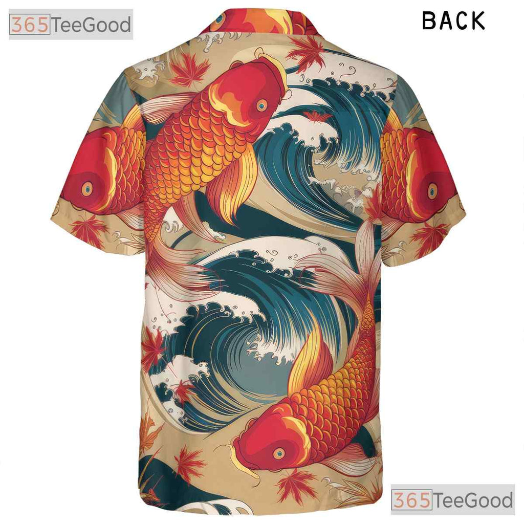 Asian Inspired Koi Fish Hawaiian Tee - Women's Japanese Wave Print Shirt