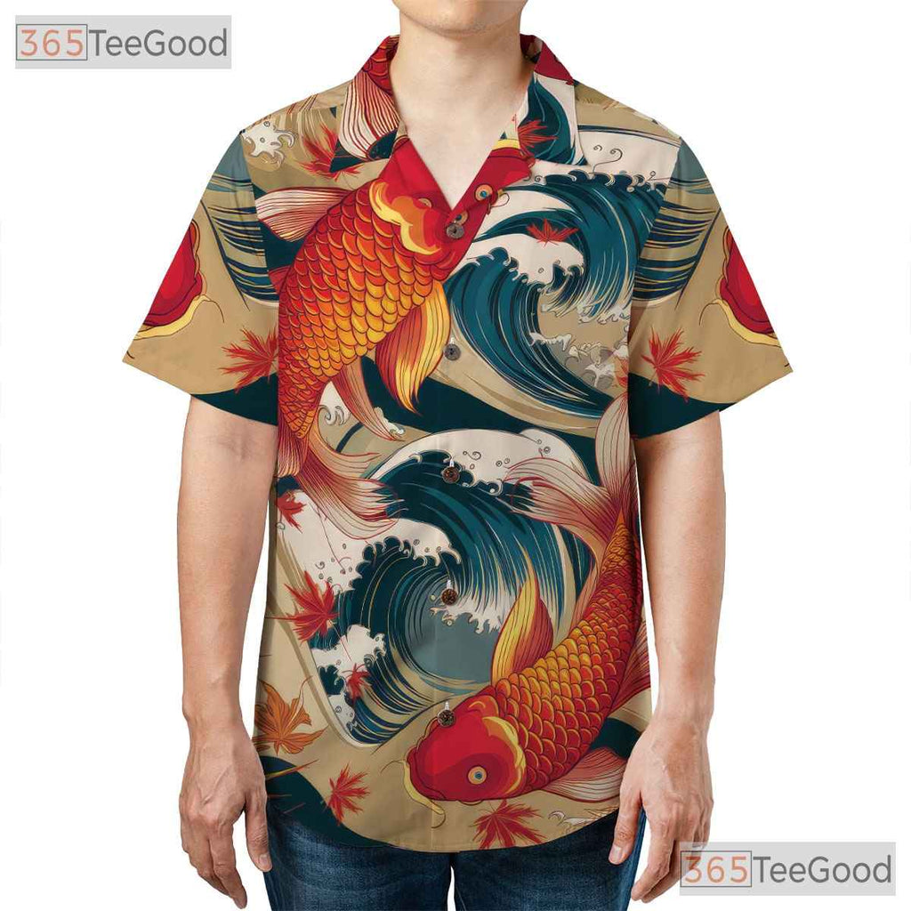 Asian Inspired Koi Fish Hawaiian Tee - Women's Japanese Wave Print Shirt