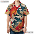 Asian Inspired Koi Fish Hawaiian Tee - Women's Japanese Wave Print Shirt