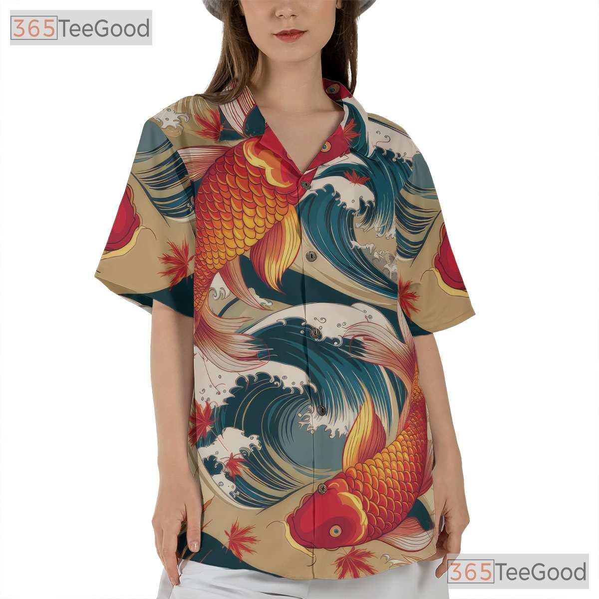 Asian Inspired Koi Fish Hawaiian Tee - Women's Japanese Wave Print Shirt