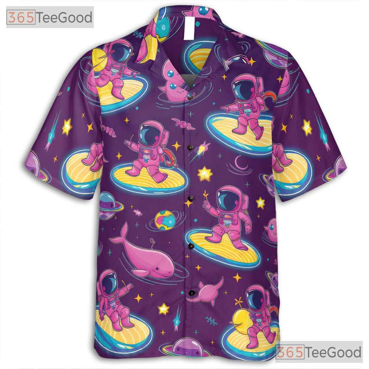 Astronaut Surfing Hawaiian Shirt for Men - Retro Cosmic Galaxy Alien Spacewear