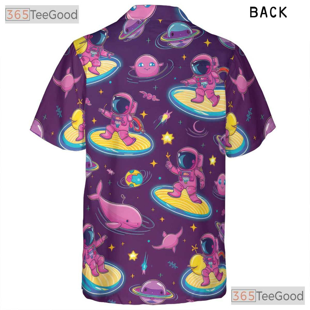 Astronaut Surfing Hawaiian Shirt for Men - Retro Cosmic Galaxy Alien Spacewear