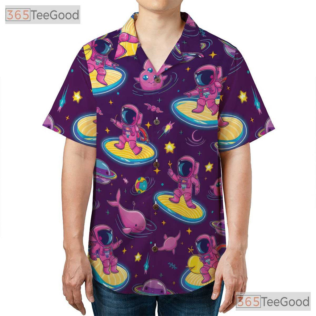 Astronaut Surfing Hawaiian Shirt for Men - Retro Cosmic Galaxy Alien Spacewear