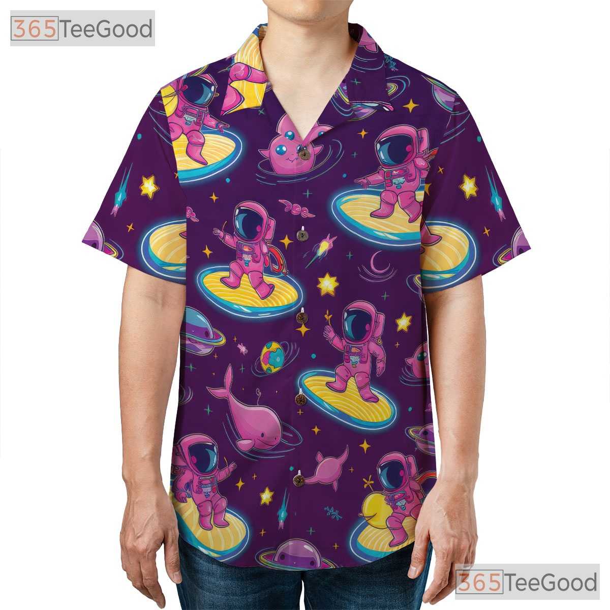 Astronaut Surfing Hawaiian Shirt for Men - Retro Cosmic Galaxy Alien Spacewear