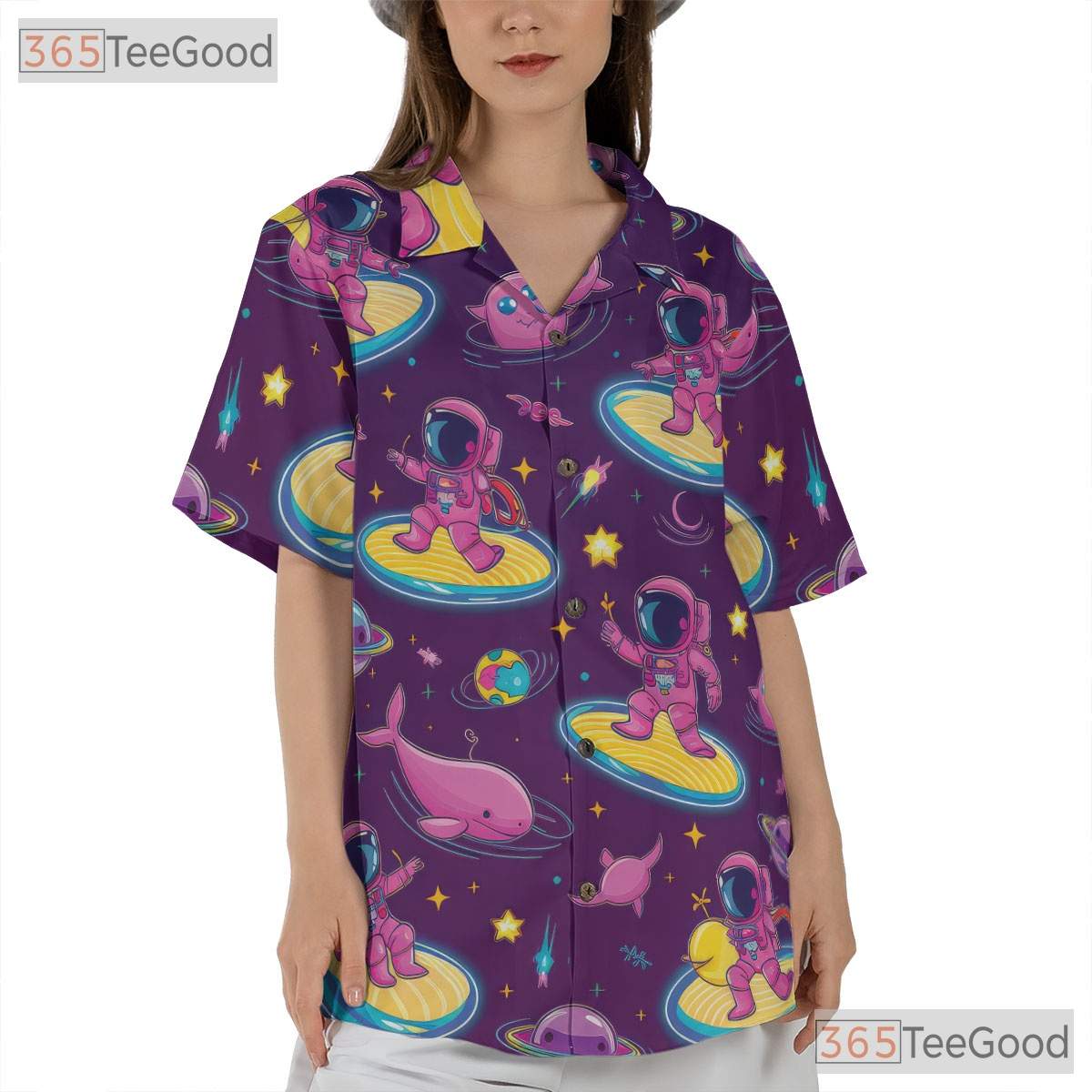 Astronaut Surfing Hawaiian Shirt for Men - Retro Cosmic Galaxy Alien Spacewear