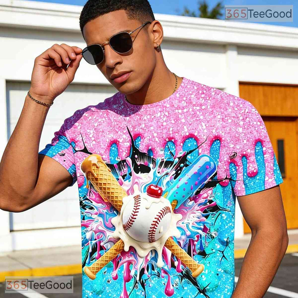 Funny Baseball Ice Cream Sports Graphic Art 3D Printed Casual Unisex T-Shirts