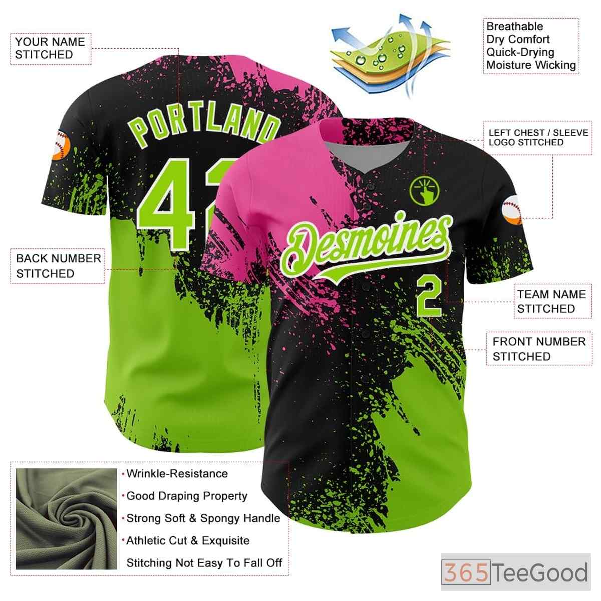 Baseball Jersey Tee - Black, Green, Pink Personalized Stitched Name & Number for Men & Women