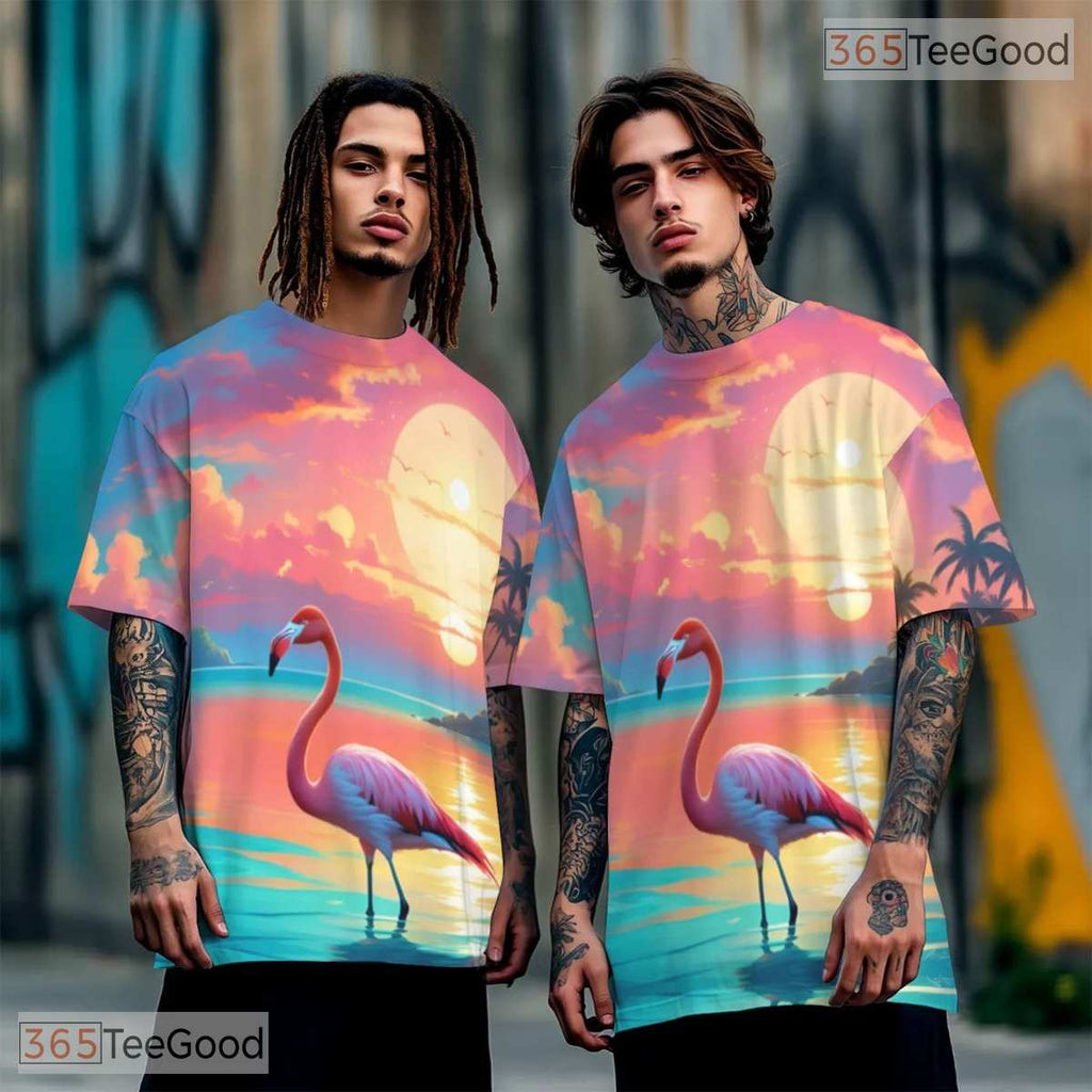 Summer Tropical Beach Flamingos Graphic 3D Printed Casual Unisex Tee Shirts
