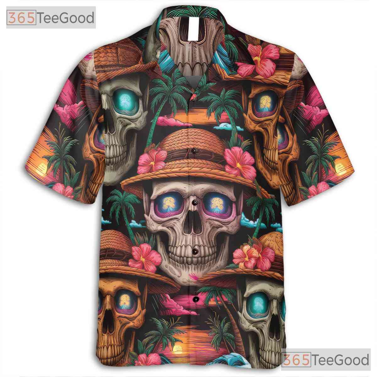 Beach Sunset Skull & Palms Hawaiian Shirt Unisex Bold Gothic Summer Look