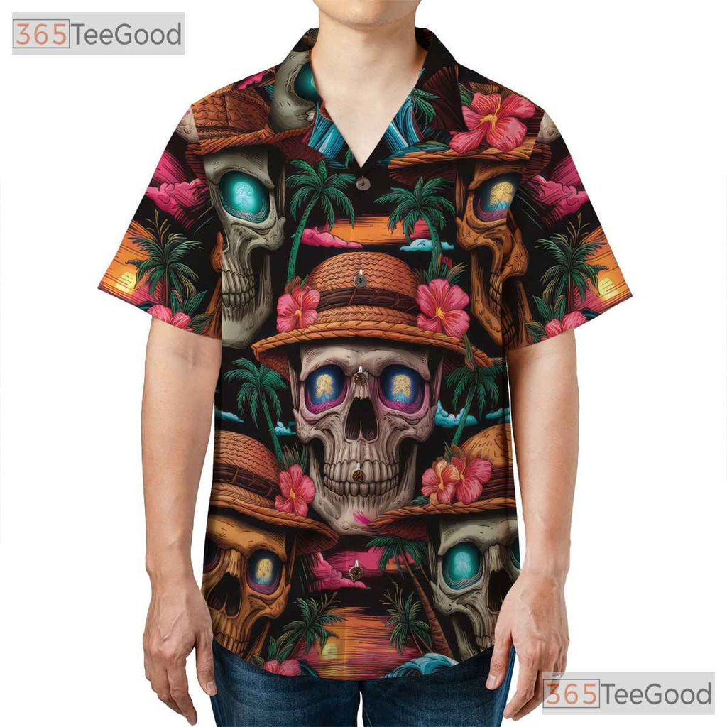 Beach Sunset Skull & Palms Hawaiian Shirt Unisex Bold Gothic Summer Look