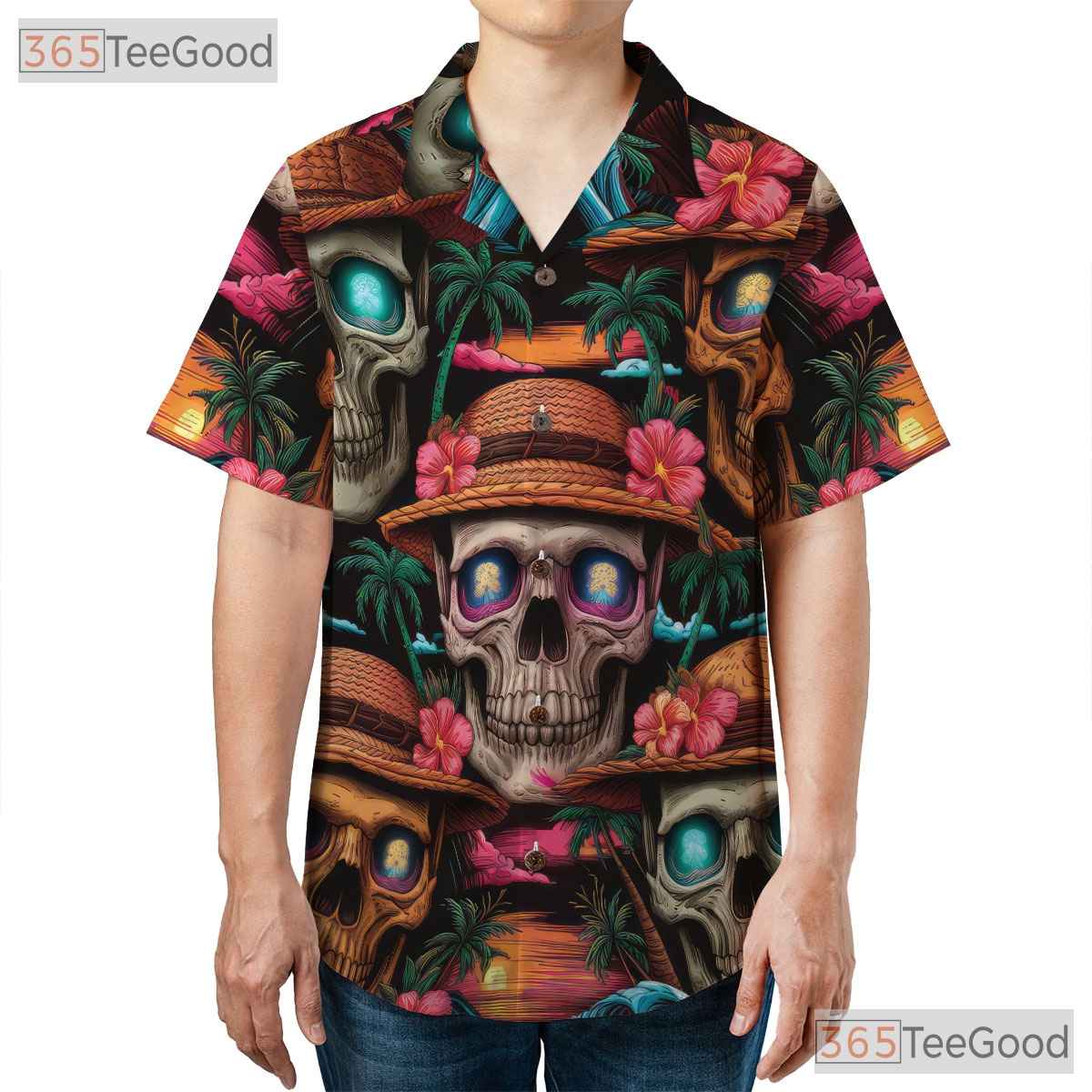 Beach Sunset Skull & Palms Hawaiian Shirt Unisex Bold Gothic Summer Look