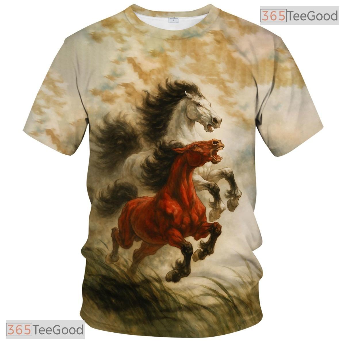 Beige Fantasy Horse Animal Graphic Novelty 3D Pattern Printed Casual Unisex Tee Shirt