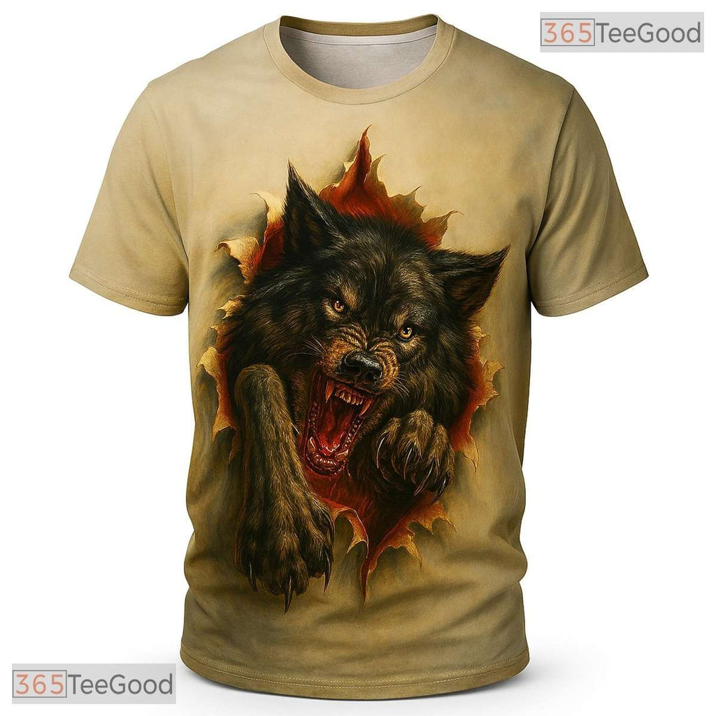 Beige Wild Wolf Funny Graphic Novelty 3D Pattern Printed Casual Unisex T-Shirt Tops
