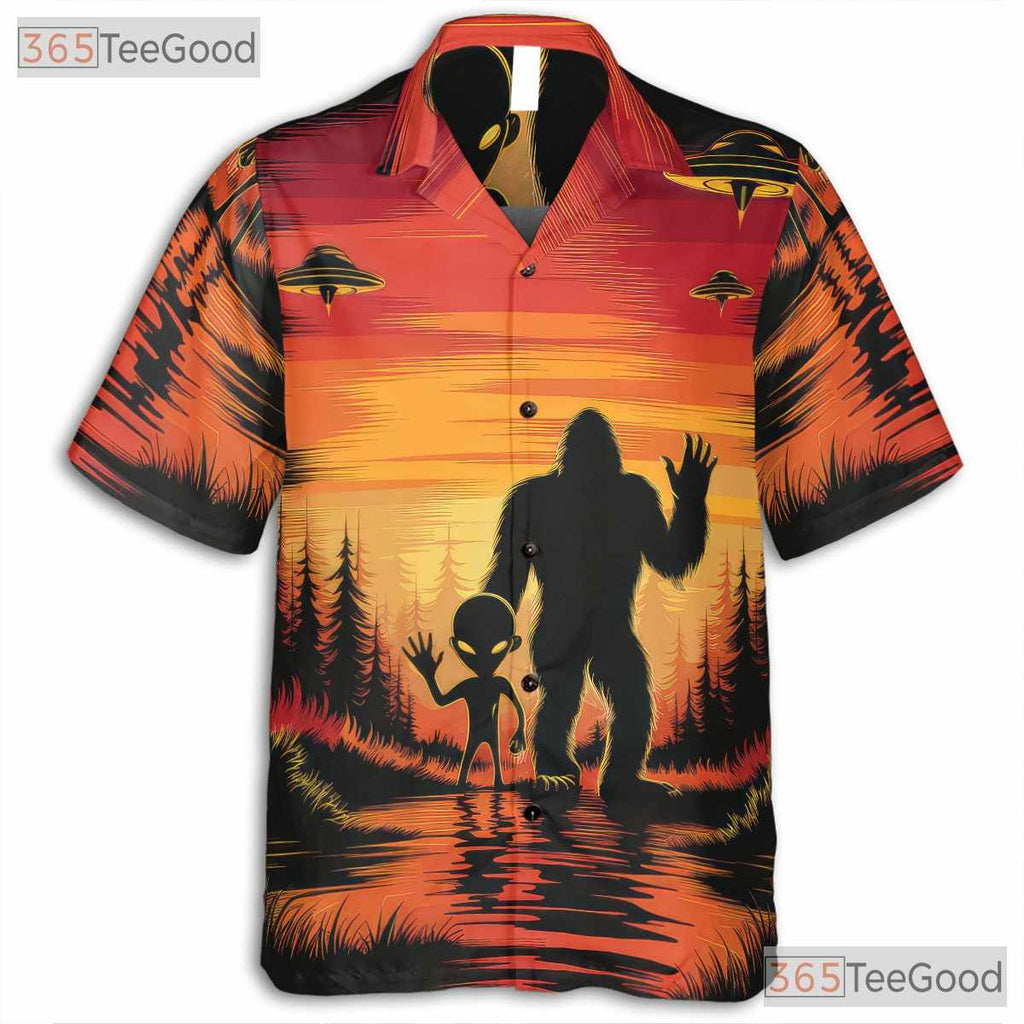 Bigfoot Alien Sunset Hawaiian Tee - Adult Funny UFO Cryptid Beach Outfit