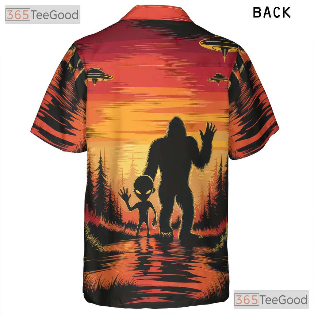 Bigfoot Alien Sunset Hawaiian Tee - Adult Funny UFO Cryptid Beach Outfit