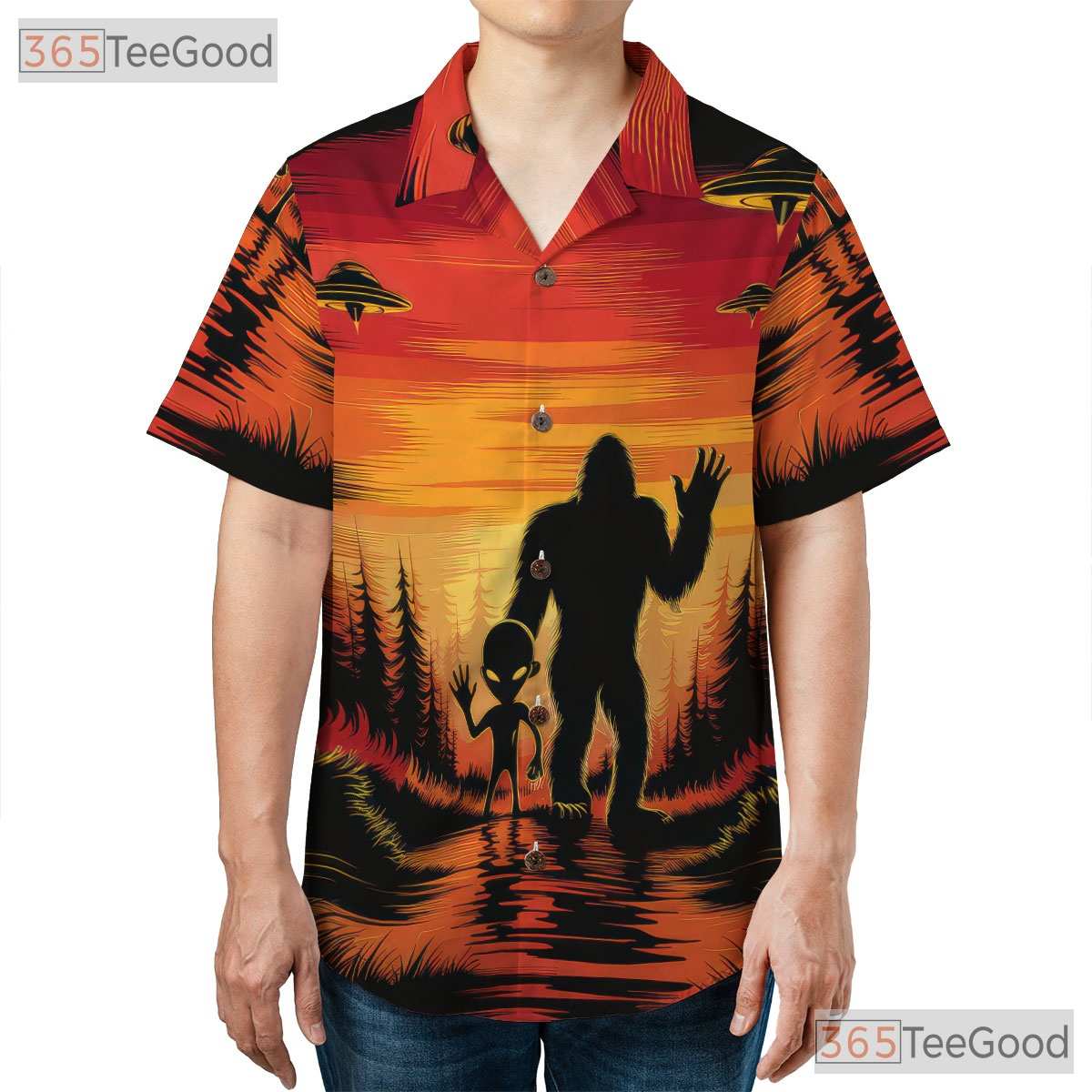 Bigfoot Alien Sunset Hawaiian Tee - Adult Funny UFO Cryptid Beach Outfit