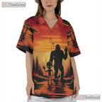 Bigfoot Alien Sunset Hawaiian Tee - Adult Funny UFO Cryptid Beach Outfit