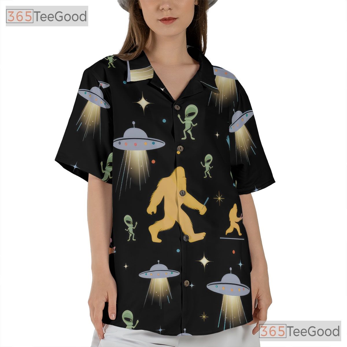 Bigfoot Alien UFO Hawaiian Shirt - Unisex Cryptid Space Sasquatch Tee