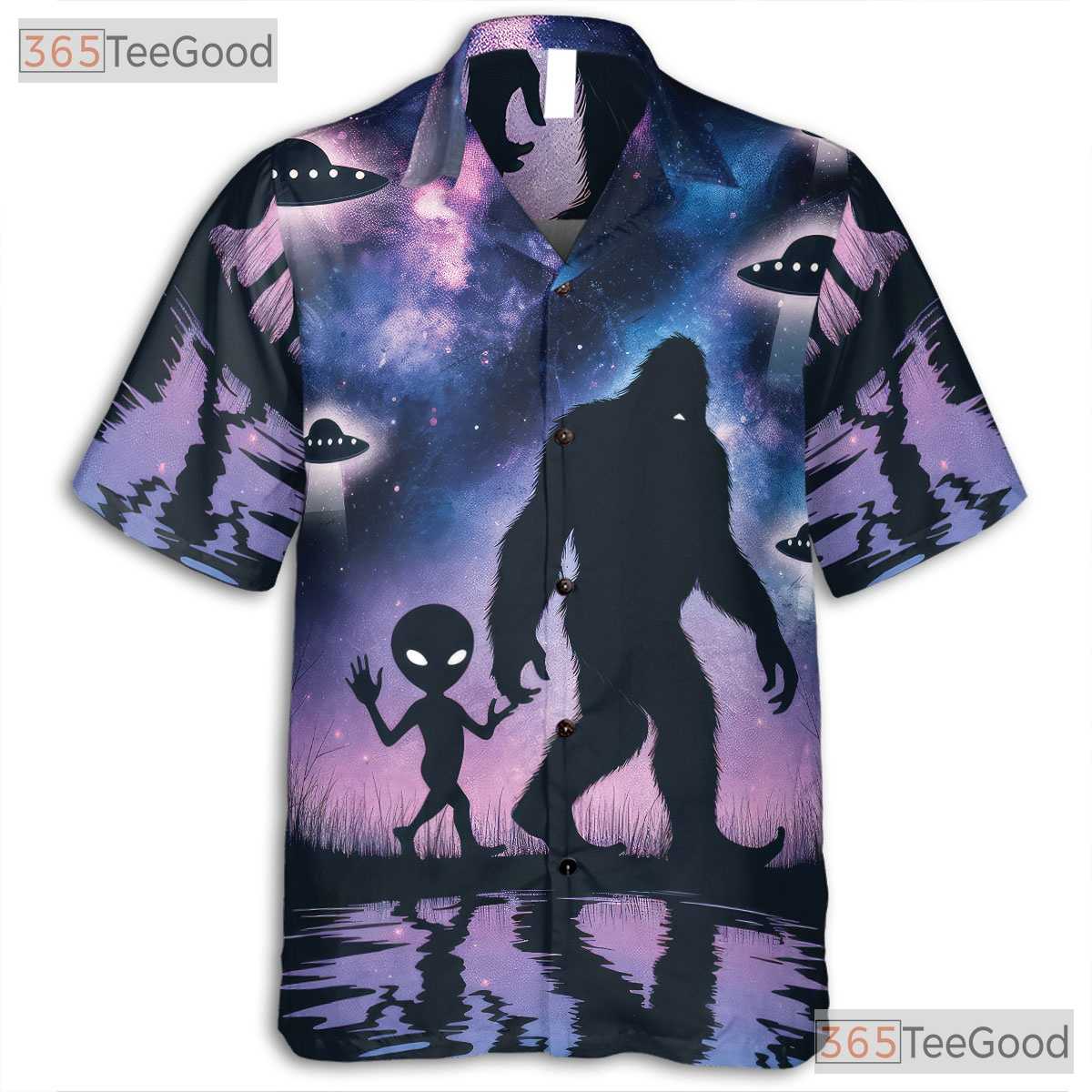 Bigfoot Alien UFO Hawaiian Tee - Women's Cryptid Space Sasquatch Shirt