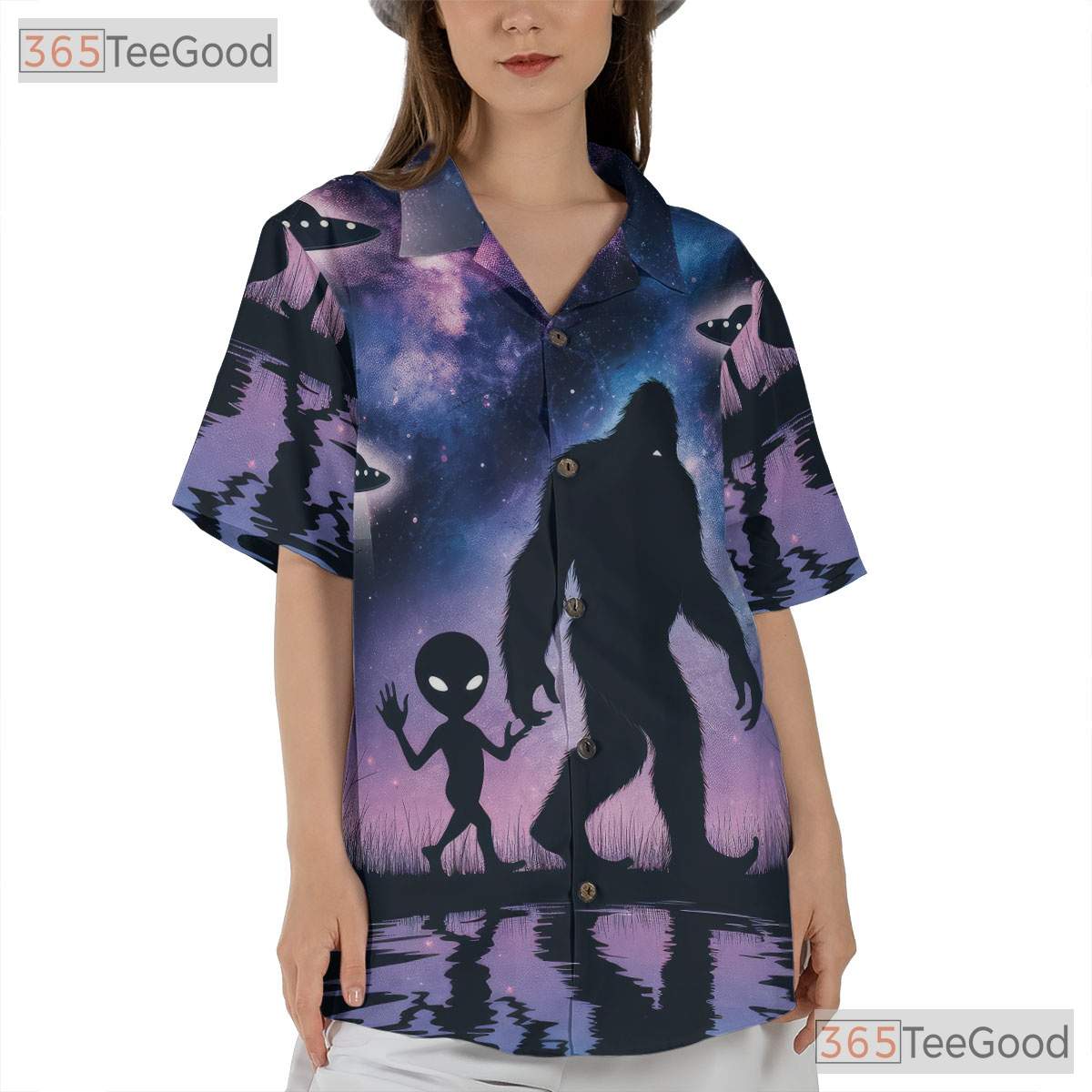 Bigfoot Alien UFO Hawaiian Tee - Women's Cryptid Space Sasquatch Shirt