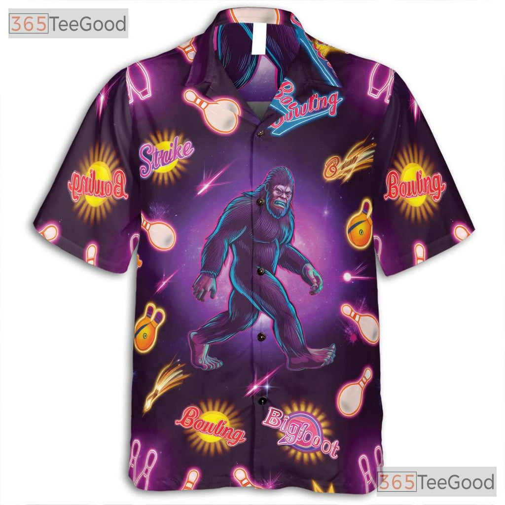 Bigfoot Neon Bowling Strike Hawaiian Tee- Unisex Funny Graphic Summer Top