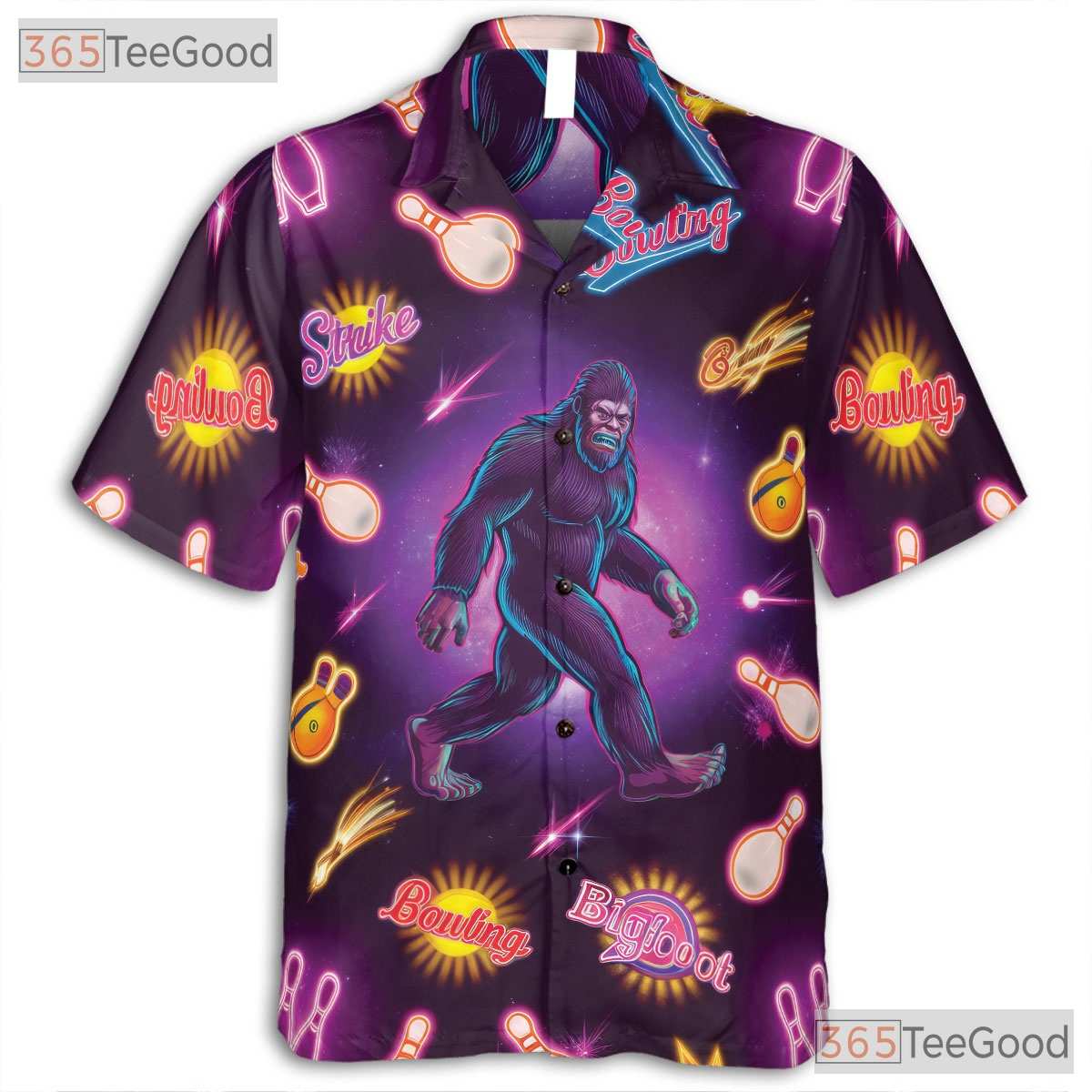 Bigfoot Neon Bowling Strike Hawaiian Tee- Unisex Funny Graphic Summer Top