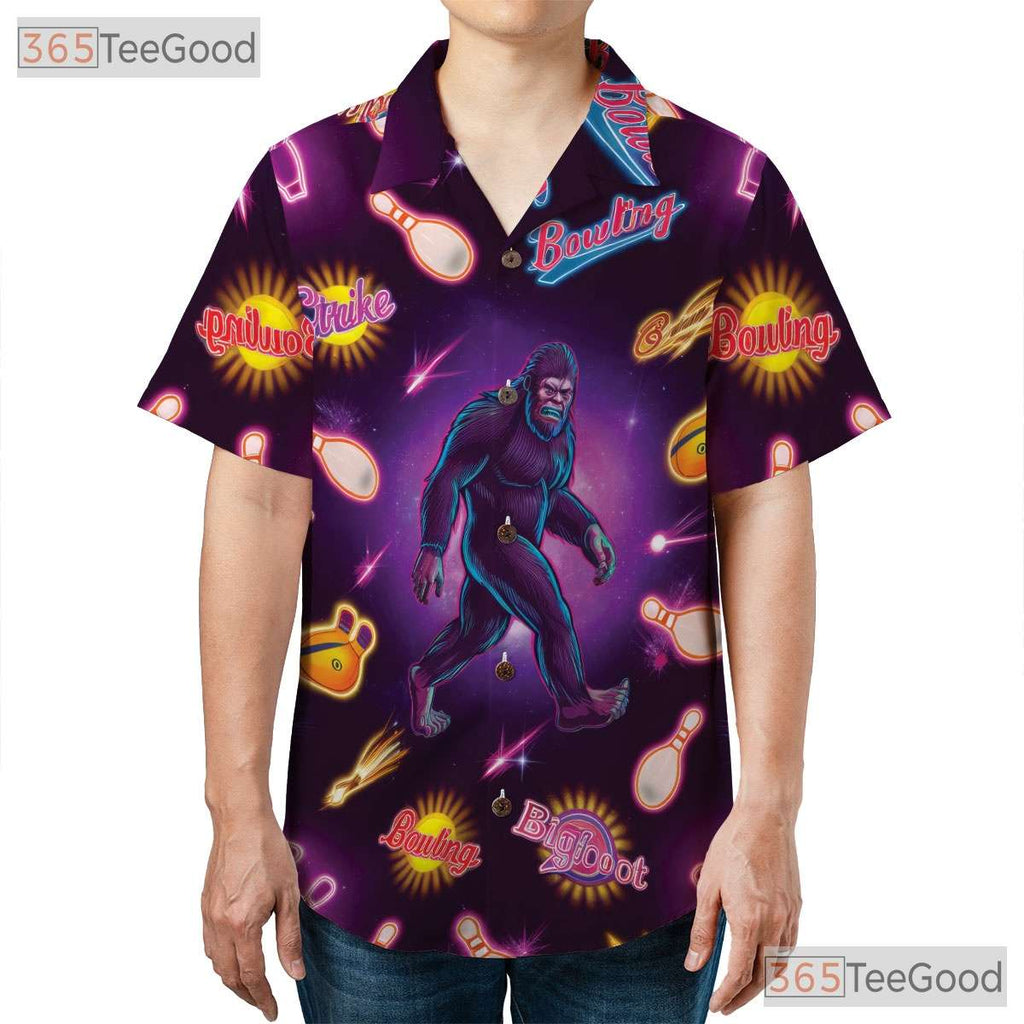 Bigfoot Neon Bowling Strike Hawaiian Tee- Unisex Funny Graphic Summer Top