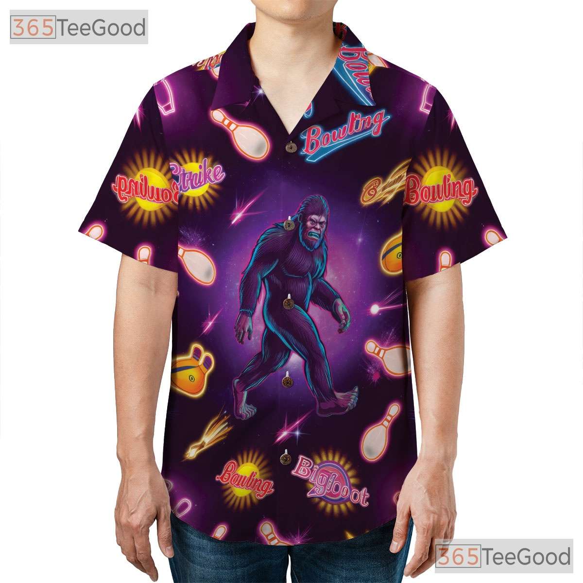 Bigfoot Neon Bowling Strike Hawaiian Tee- Unisex Funny Graphic Summer Top