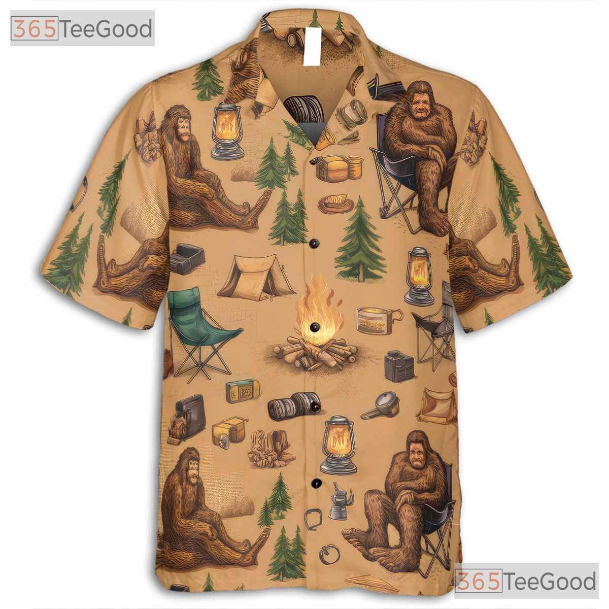 Bigfoot Sasquatch Camping Outdoor Forest Campfire Aloha Hawaiian Tee Unisex