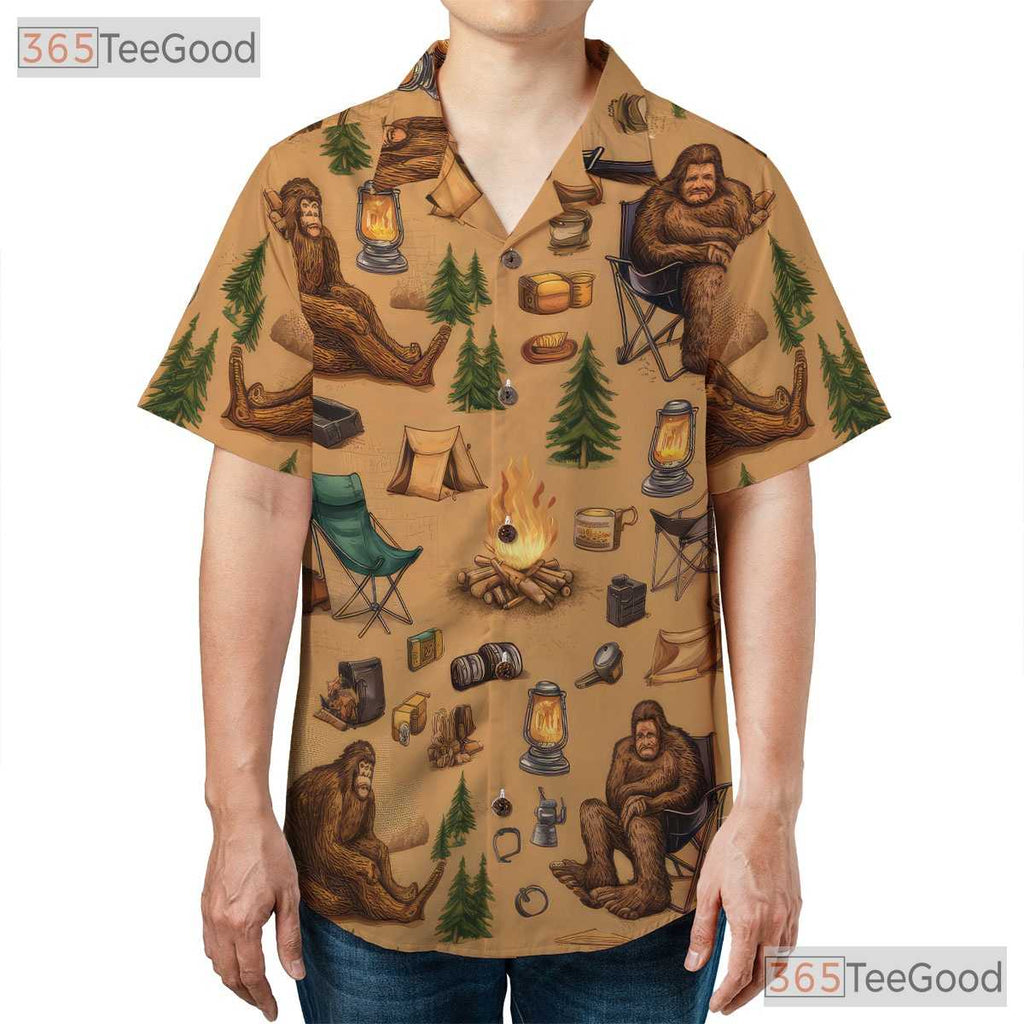 Bigfoot Sasquatch Camping Outdoor Forest Campfire Aloha Hawaiian Tee Unisex