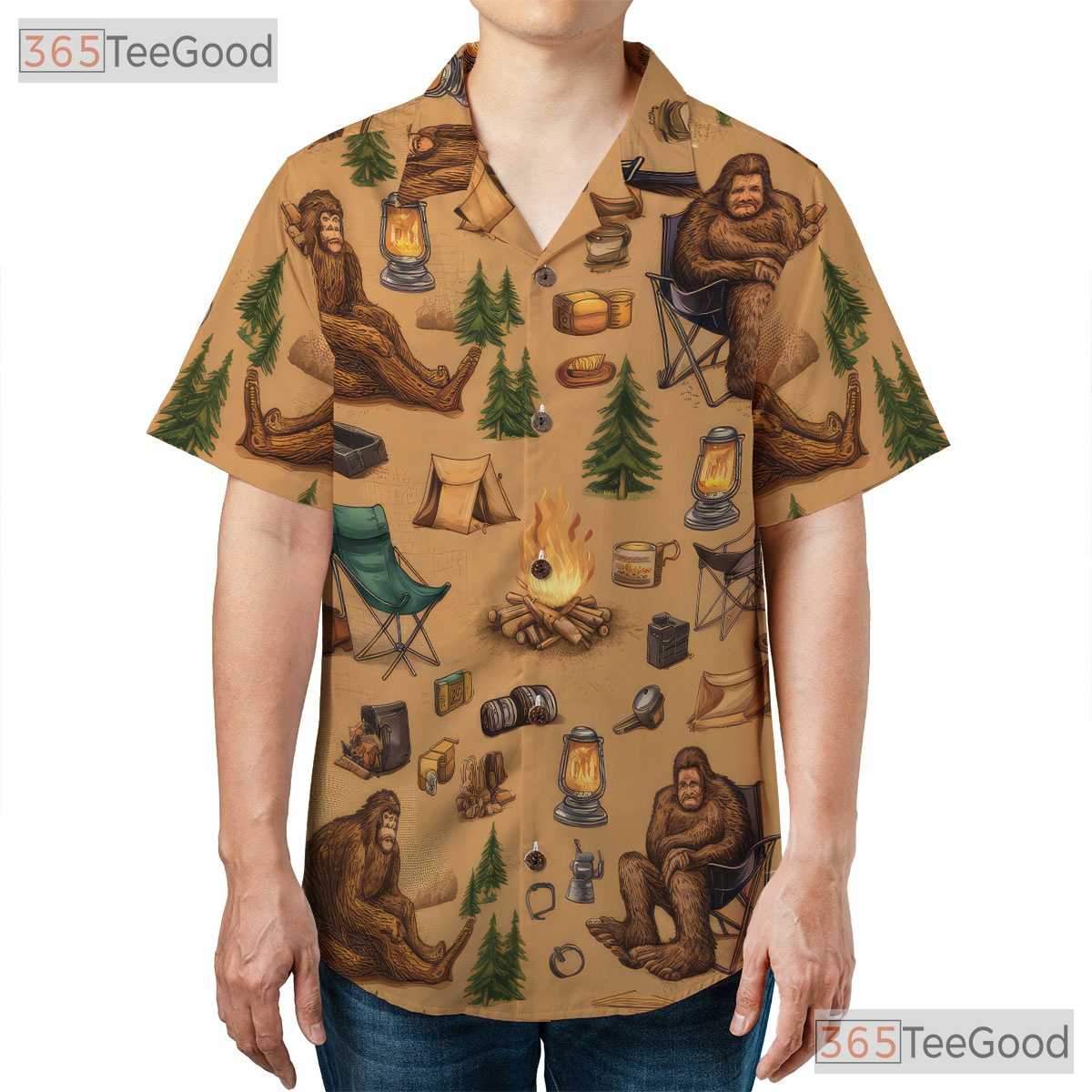 Bigfoot Sasquatch Camping Outdoor Forest Campfire Aloha Hawaiian Tee Unisex
