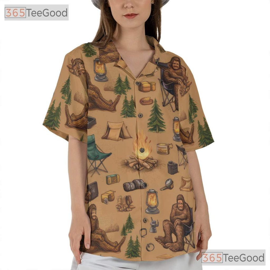 Bigfoot Sasquatch Camping Outdoor Forest Campfire Aloha Hawaiian Tee Unisex
